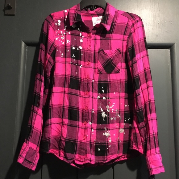 Justice Girls Paint Splatter Checked Button Down - Picture 1 of 5